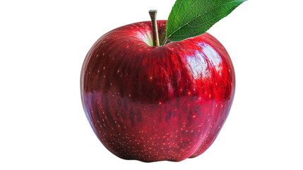 Shiny red apple with leaf displays freshness, perfect for health, nutrition, marketing, design, or editorial use.