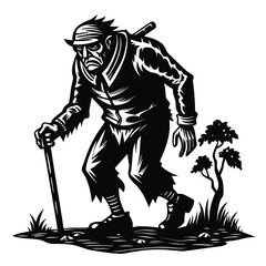 Monochrome Illustration of an Elderly Man Walking with a Cane Beside a Sapling Tree