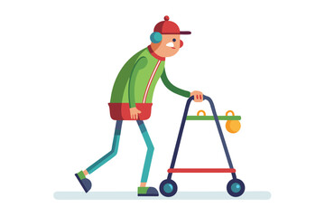 Elderly Man Walking with Walker Flat Vector Illustration for Healthcare Mobility Assistance