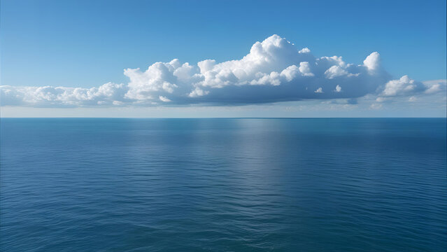 Vast expanse of calm, blue ocean water under a bright, puffy cloud formation.