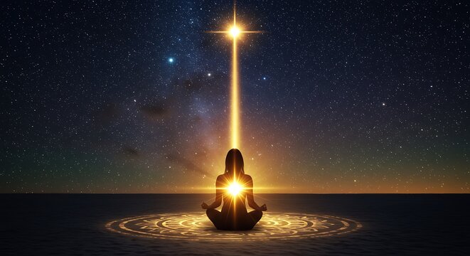 Meditating Figure with Cosmic Energy Light - Powered by Adobe