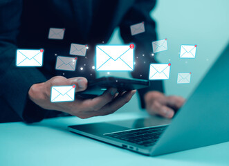  Business email uses technology to send messages, has a mailbox, uses marketing, works on icons,...