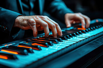 Keyboard Performance in Dramatic Lighting: Close-up view of pianist's hands gracefully dancing across the keyboard, in a studio lit with dramatic blue lighting and emphasis the music creation.