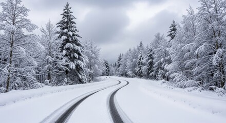 Obraz premium Snow-Covered Winding Road Through a Dense Pine Forest in Winter