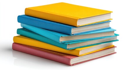 A stack of colorful books on a white background.