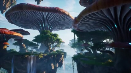 Surreal alien planet concept, a fantasy landscape with giant bioluminescent mushrooms and floating islands. - Powered by Adobe