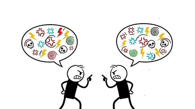 Animated stick figures arguing with angry thought bubbles, escalating conflict, and disagreement