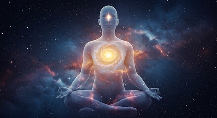 Meditating Figure with Cosmic Energy and Galaxy Core