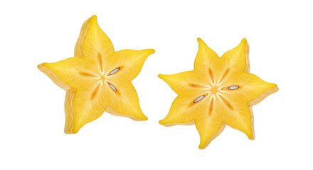 Fototapeta premium Two Sliced Starfruits In Yellow Showing Star Shapes On Transparent Black Background