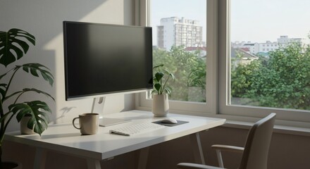 Modern home office workspace featuring a clean white desk with a large computer monitor, coffee mug, and plants by a sunlit window.