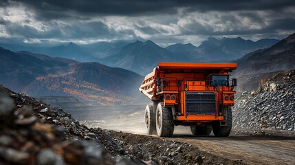 Naklejka premium Orange Dump Truck Driving in Mine