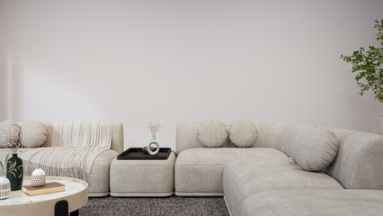 Sofa and carpet with empty white concrete wall background. Relaxing area in bright living room of modern house. Home interior 3d illustration