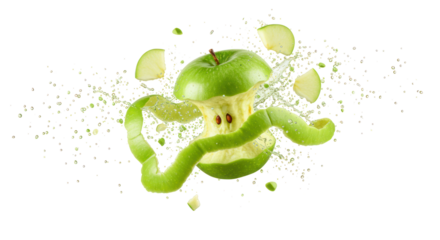 Green Apple Exploding with Peel and Slices on a Black Transparent Background