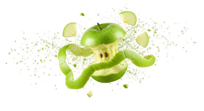 Green Apple Exploding with Peel and Slices on a Black Transparent Background