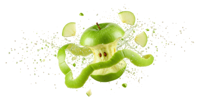 Green Apple Exploding with Peel and Slices on a Black Transparent Background