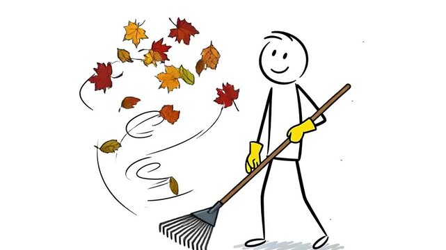 Cartoon Stick Figure Sweeping Autumn Leaves