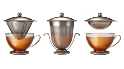 A display of elegant tea infusers and strainers, alongside cups of brewed tea, perfect for a refined tea-making experience.