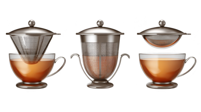 A display of elegant tea infusers and strainers, alongside cups of brewed tea, perfect for a refined tea-making experience.