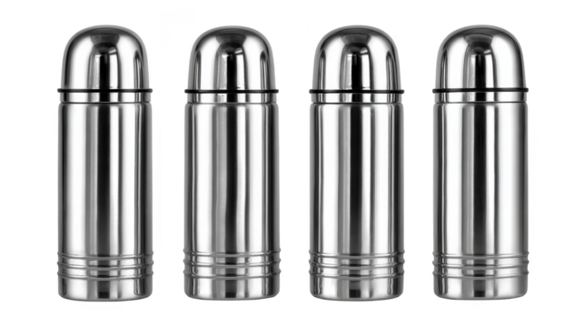 A quartet of sleek, unbranded stainless steel thermoses, designed for efficient temperature retention of beverages.