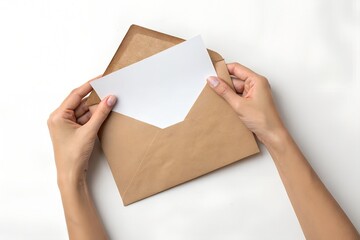 a pair of hands holding an open brown envelope with a blank white card or letter inside, placed against a plain white background.