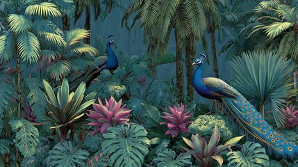 Tropical Forest with Peacock, Parrot, Palm Trees, and Plants

