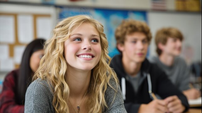 A young girl with blonde hair smiling in a classroom.