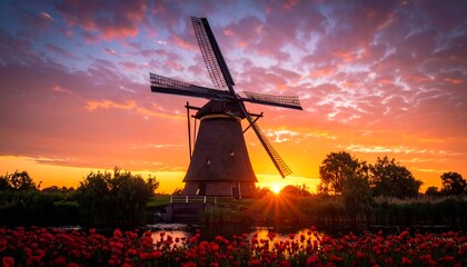 Dutch windmill at sunset over tulips