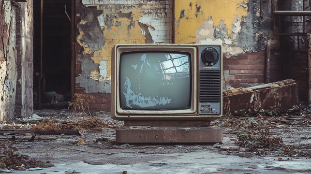 A public service announcement on television, set amidst an abandoned building, aimed at raising civic engagement awareness.