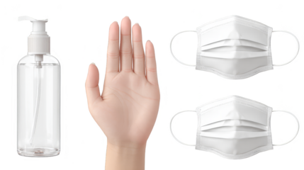 Hand holding water bottle and face mask, essential items for health, safety, hydration.