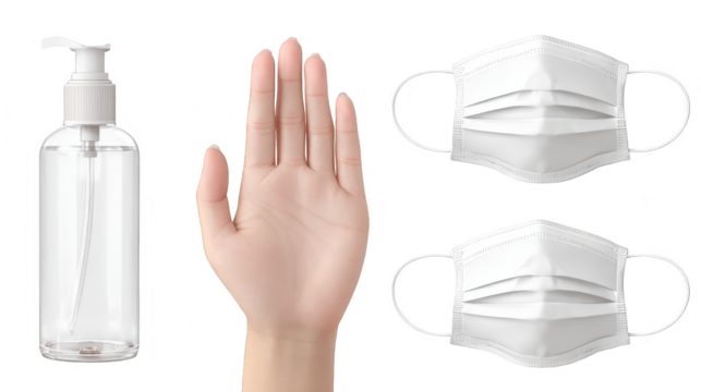 Hand holding water bottle and face mask, essential items for health, safety, hydration.