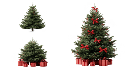 Enchanting christmas scene, three majestic trees adorned with festive bows and glimmering ornaments.