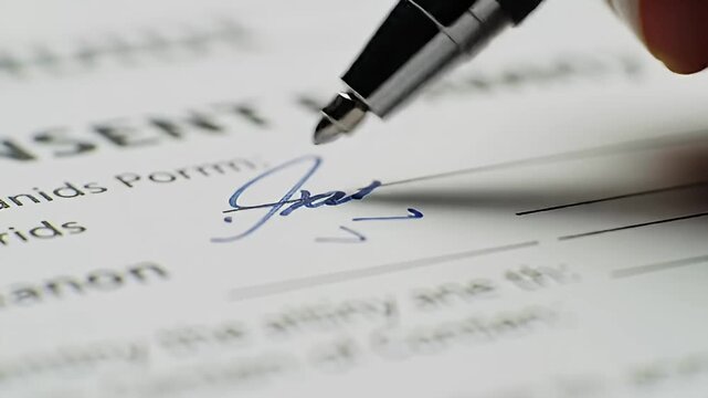 Closeup of a black pen signing a consent form with blue ink, on white paper