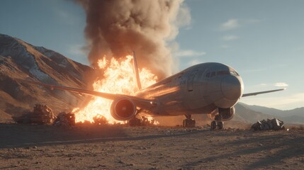 Realistic commercial airplane falling from sky in flames during epic war scene, tail already crashed into ground, surrounded by thick smoke and burning rubble under dramatic atmosphere