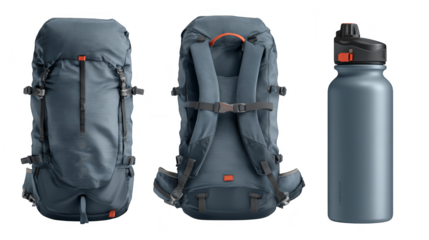 A versatile outdoor gear set featuring a front and back view of a blue hiking backpack alongside a matching water bottle, perfect for adventurers.