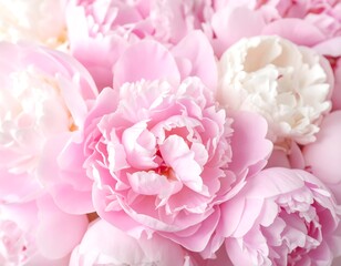 Close-up of delicate pink and white peonies