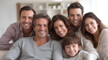 Obraz premium A family of six people sitting on a couch in a cozy living room.