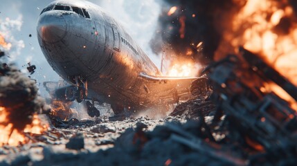 Realistic commercial airplane falling from sky in flames during epic war scene, tail already crashed into ground, surrounded by thick smoke and burning rubble under dramatic atmosphere