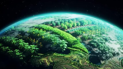 Abstract globe with glowing lines, land and greenery, against a star-filled black sky - Powered by Adobe