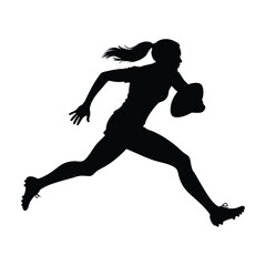 Silhouette of a female rugby player running with a rugby ball