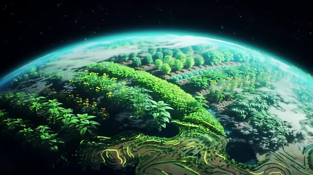 Abstract globe with glowing lines, land and greenery, against a star-filled black sky - Powered by Adobe