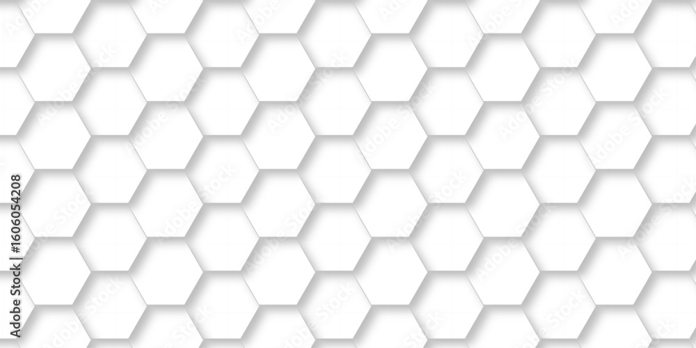 Poster seamless pattern with hexagons. hexagonal structure futuristic white background and embossed hexagon