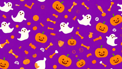 Seamless Halloween Pattern with Festive Pumpkins, Cute Ghosts, Candy, and Bones on a Vibrant Purple Background for Spooky Season Designs
