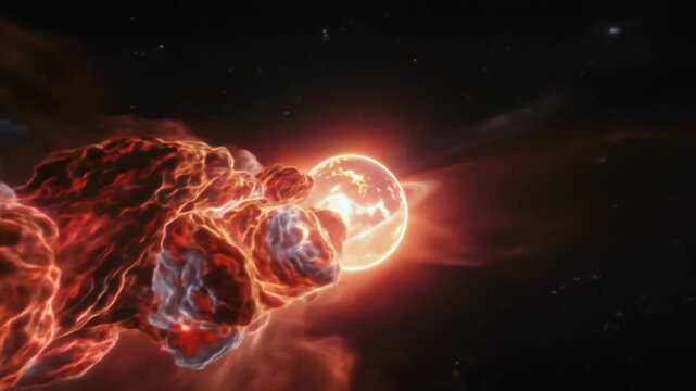Explosive cosmic event with fiery gas clouds and glowing star in deep space