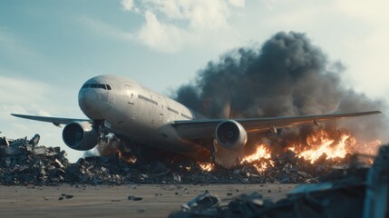 Realistic commercial airplane falling from sky in flames during epic war scene, tail already crashed into ground, surrounded by thick smoke and burning rubble under dramatic atmosphere