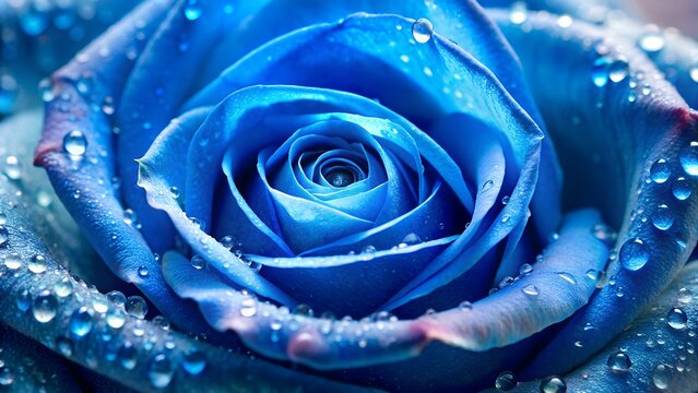 Close up of a vibrant blue rose with glistening water droplets on its petals - Powered by Adobe