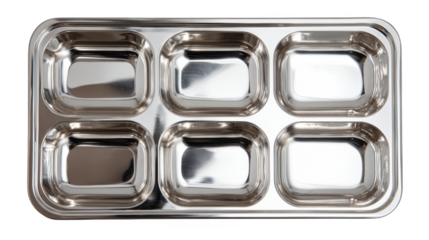 Durable metal serving tray with six compartments for organized food presentation and catering.