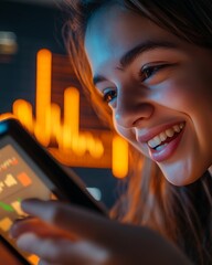 A close-up shot of a young investor looking thrilled as they scroll through a crypto app, warm-toned lighting with a blurred crypto price graph behind. 
