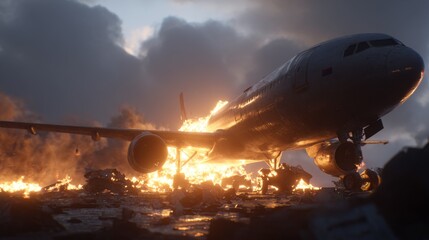 Realistic commercial airplane falling from sky in flames during epic war scene, tail already crashed into ground, surrounded by thick smoke and burning rubble under dramatic atmosphere