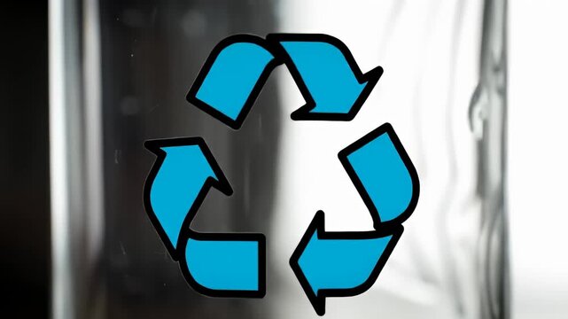 Blue recycling symbol on transparent backdrop, black outline, environmental awareness