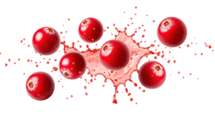 Vibrant Red Cranberries and Juice Splash Isolated on Transparent Black Background